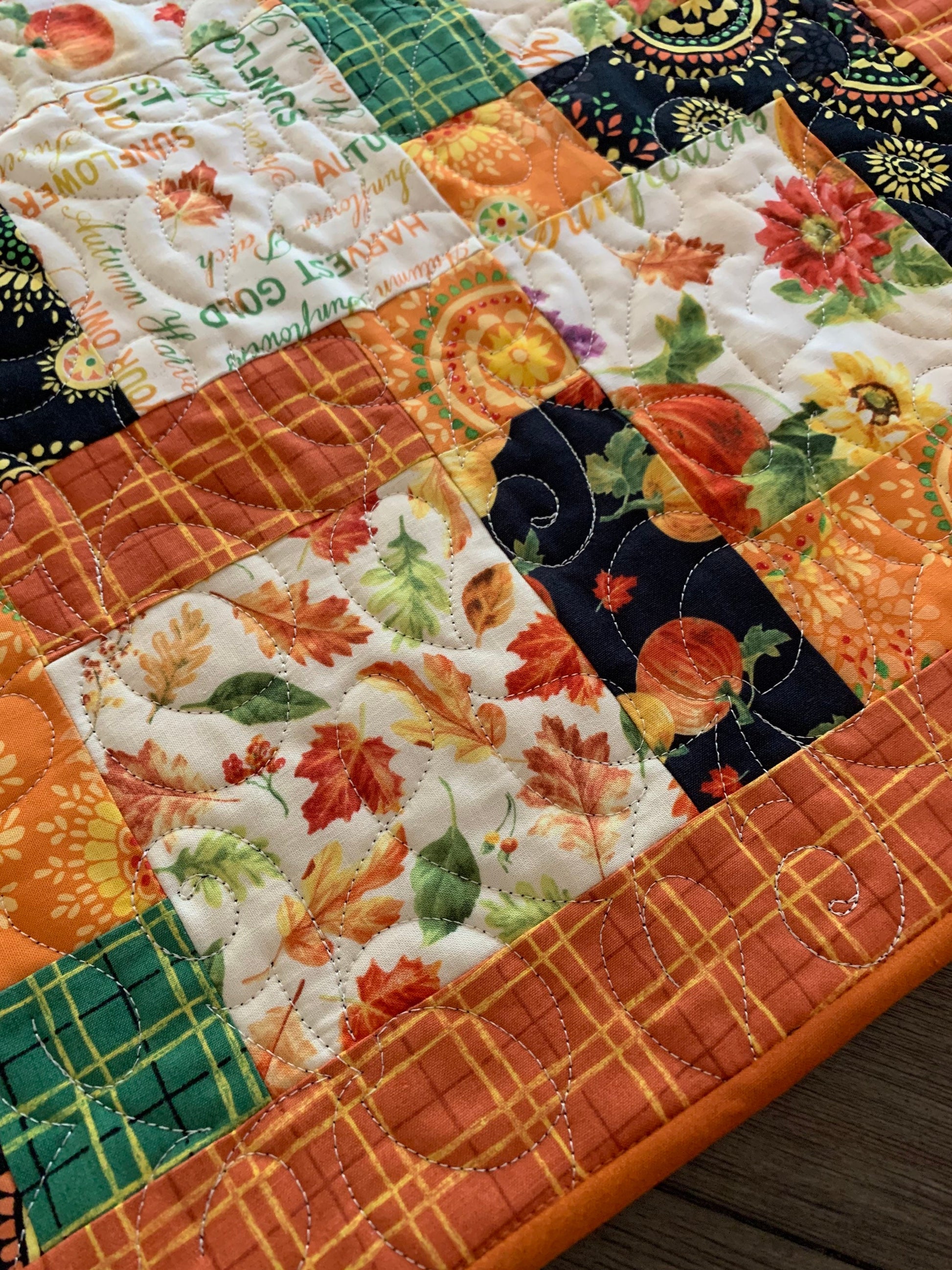 Fall Table Topper Quilt, Harvest Gold, Orange, Yellow, Pink, Green, Pumpkins, Sunflowers, Handmade