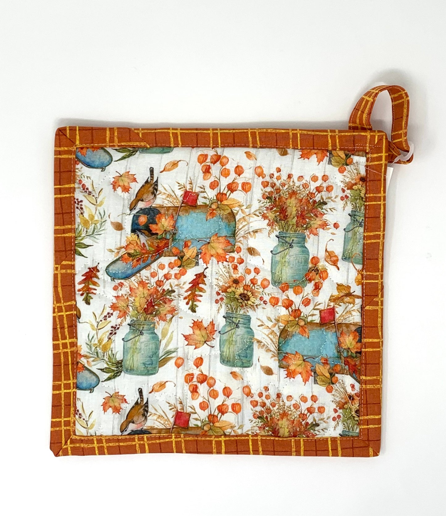 Fall Leaves Pot Holder, Large 9x9, Hanging Loop, Bird on Mailbox, mason jars, sunflowers, Hot pad