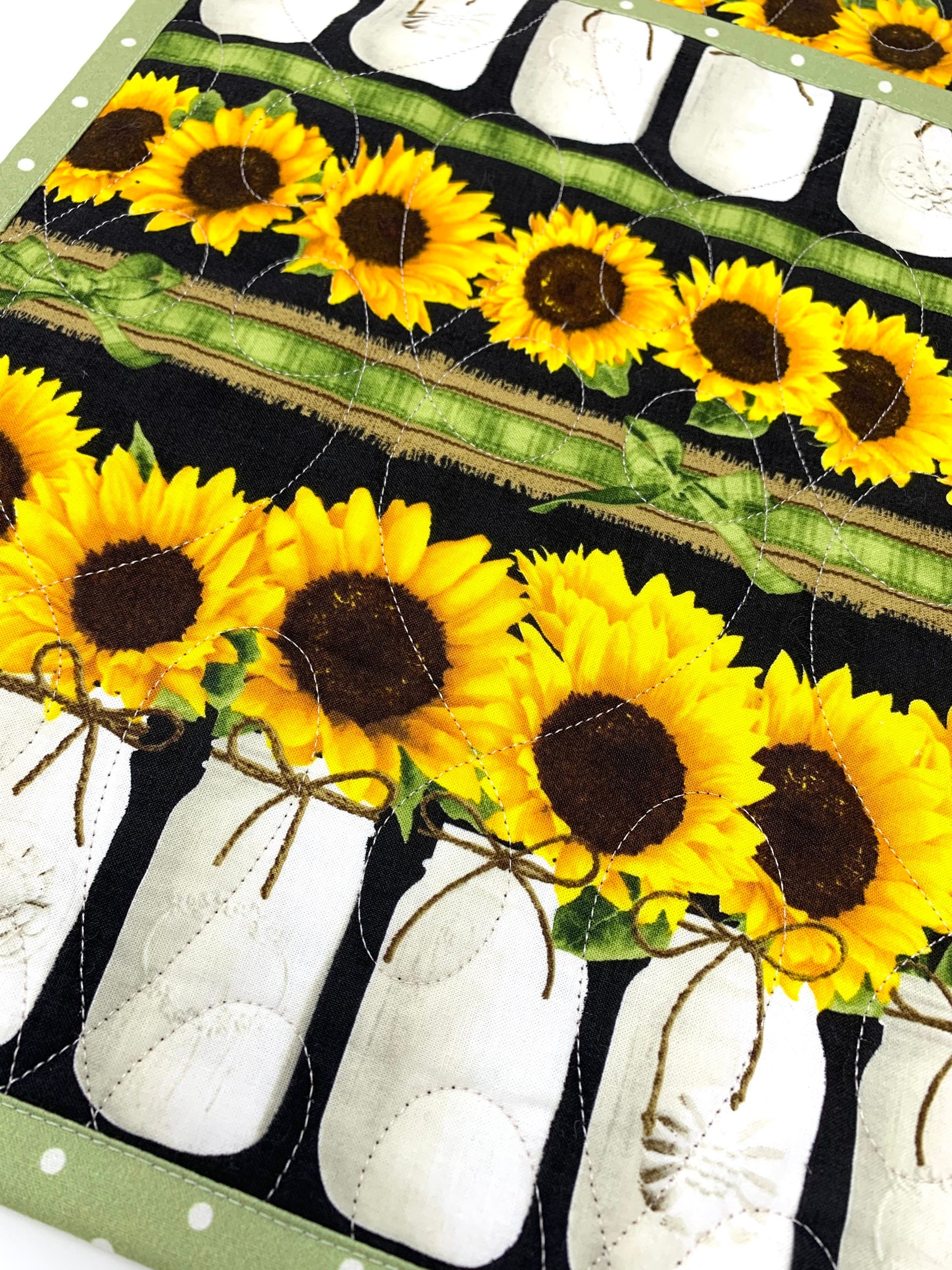 Sunflowers in mason jars Placemats, Fall Table, Yellow, Green polka dots, Set of 2, Handmade