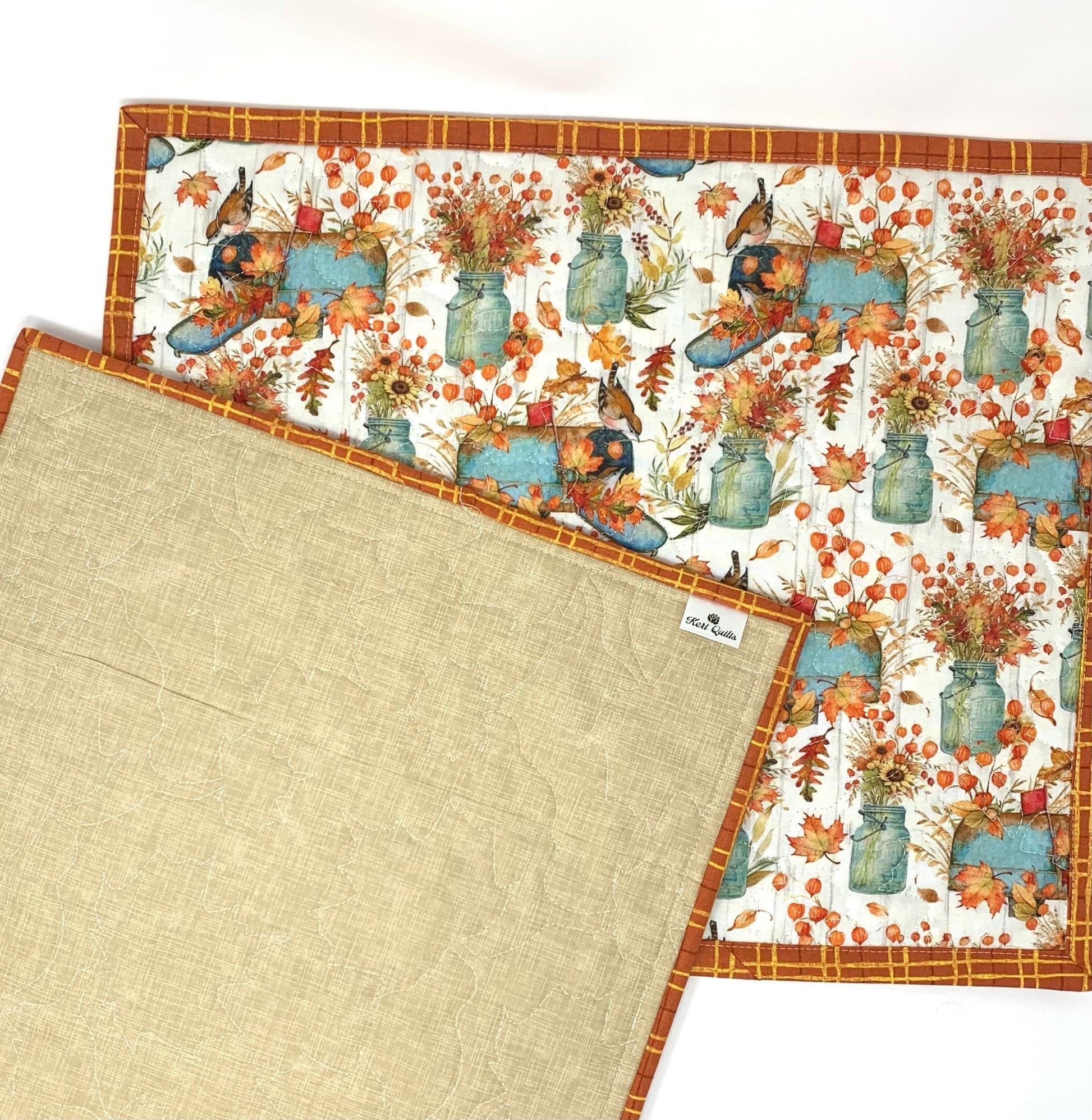 Fall Autumn Placemats, Bird on Mailbox, Plaid, Set of 2, Handmade