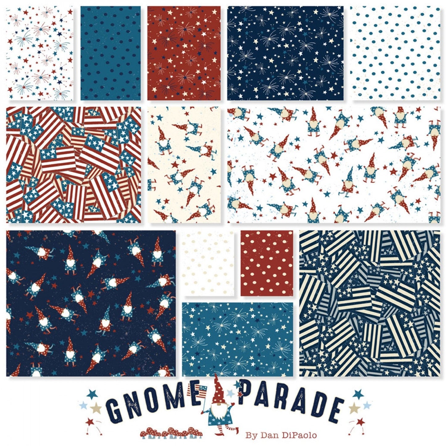 Gnome Parade, Patriotic Fabric Squares Bundle, Charm Pack, Fabric Stacker, Fourth of July, Red, White, Blue, Clothworks, 5 inch squares