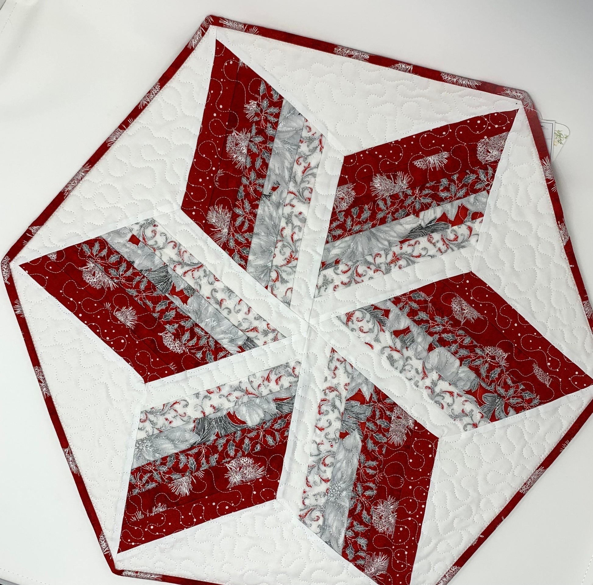 Christmas Star Table Runner Quilt, Hexagon Table Topper, Star Quilt, Red, White, Silver, Handmade