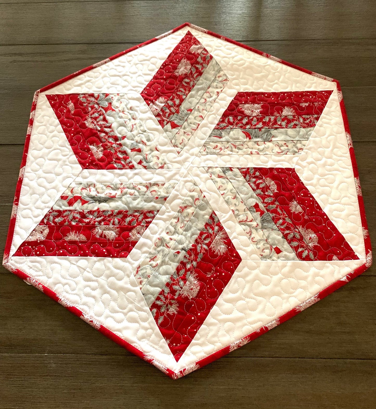 Christmas Star Table Runner Quilt, Hexagon Table Topper, Star Quilt, Red, White, Silver, Handmade