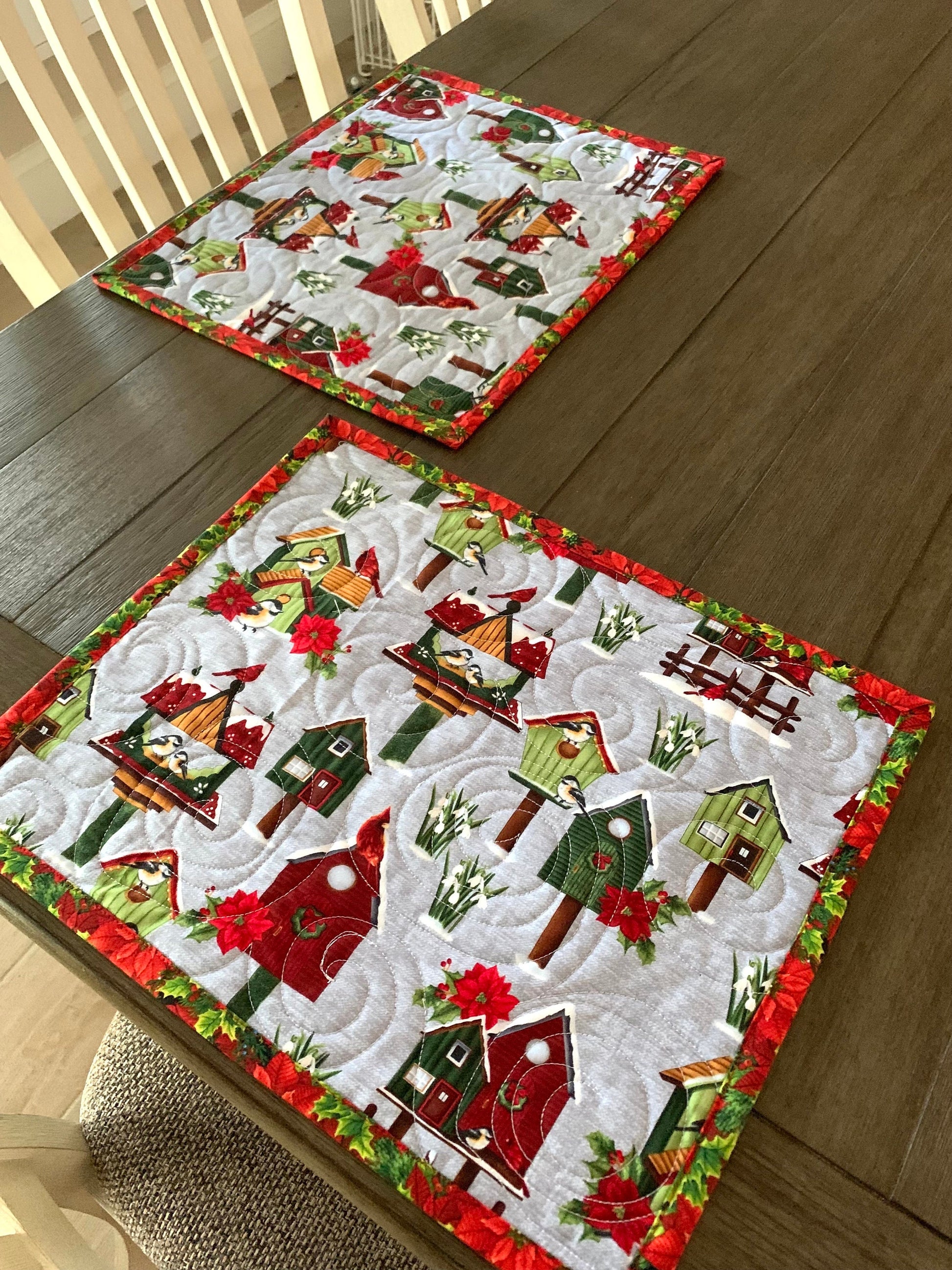 Christmas Placemats, Birds, Cardinals, Birdhouse, Poinsettia, Red, Green, Gray, Mini Quilts, Set of 2, Handmade