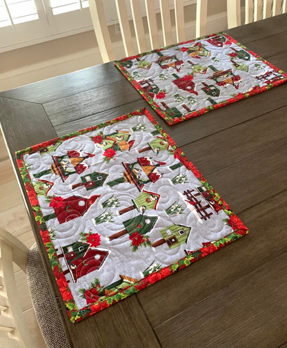 Christmas Placemats, Birds, Cardinals, Birdhouse, Poinsettia, Red, Green, Gray, Mini Quilts, Set of 2, Handmade