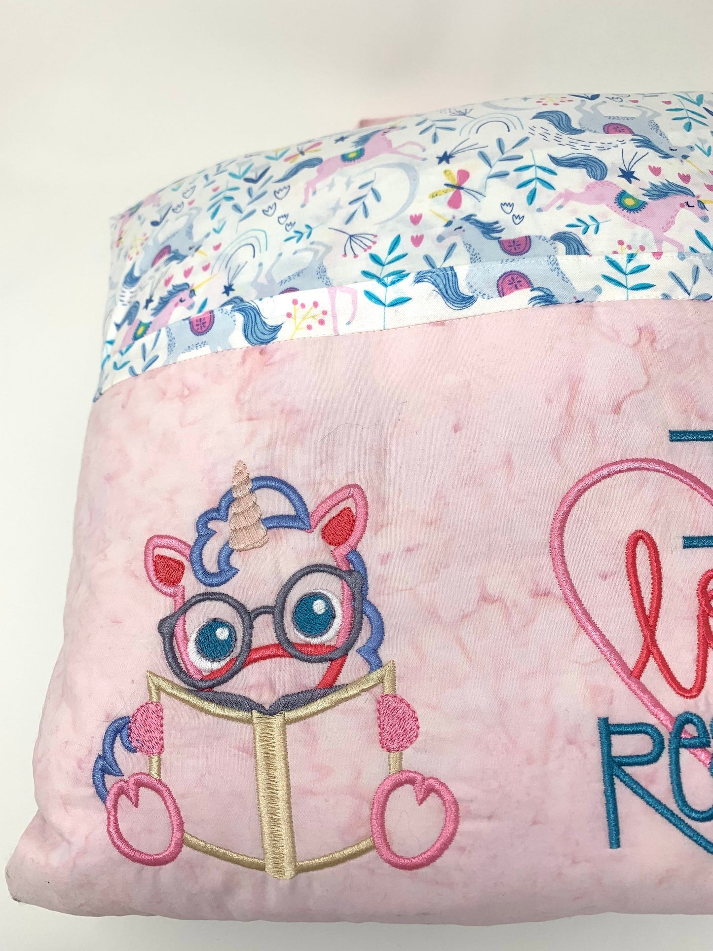 Unicorn Reading Pillow, Pocket Pillow, Child's Pillow, Girl's Pillow, Book Pillow, Unicorn, Story Time, Pink, Teal