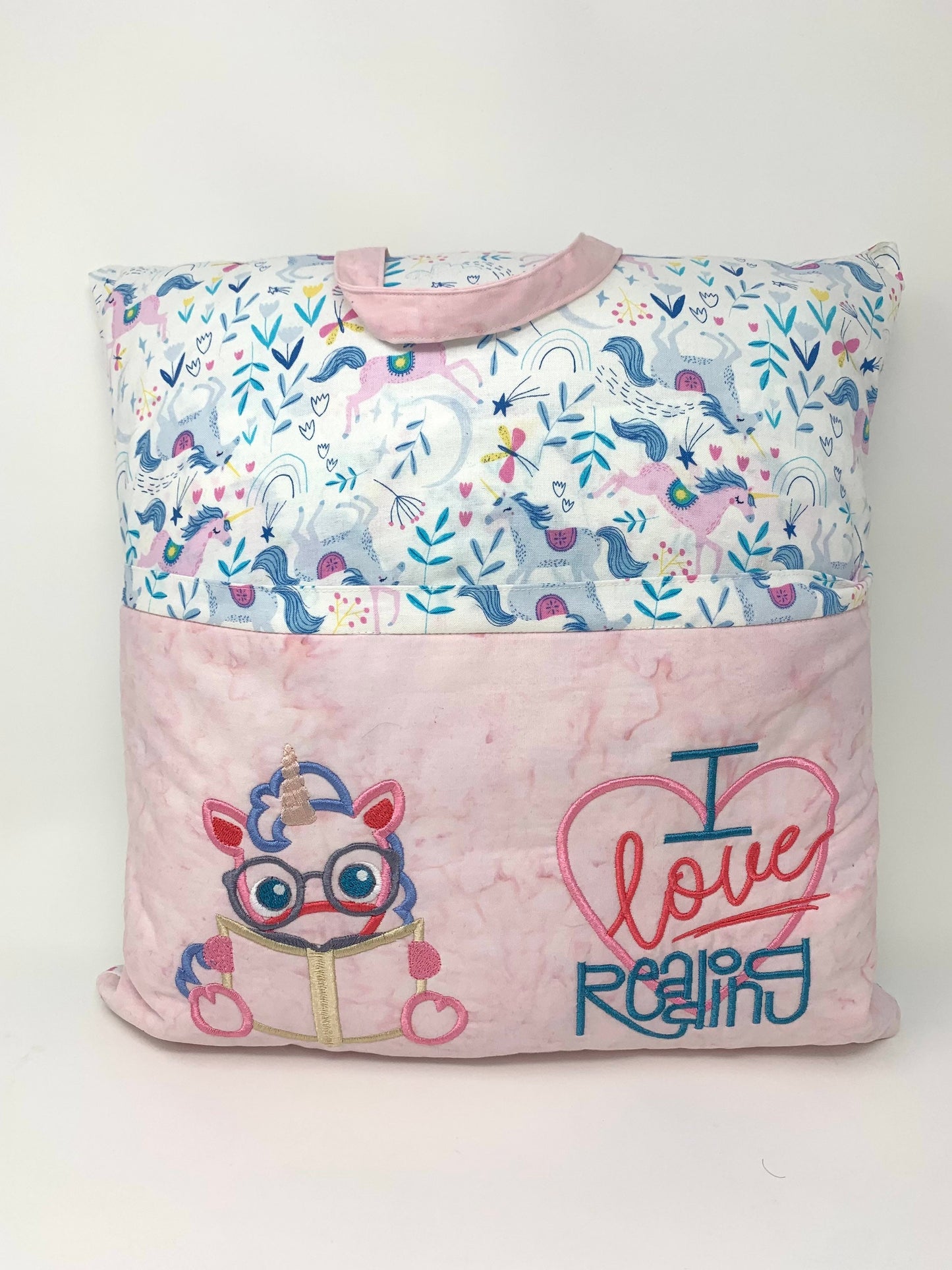 Unicorn Reading Pillow, Pocket Pillow, Child's Pillow, Girl's Pillow, Book Pillow, Unicorn, Story Time, Pink, Teal