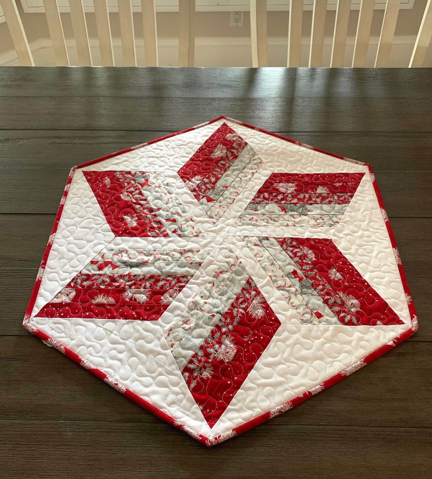 Christmas Star Table Runner Quilt, Hexagon Table Topper, Star Quilt, Red, White, Silver, Handmade