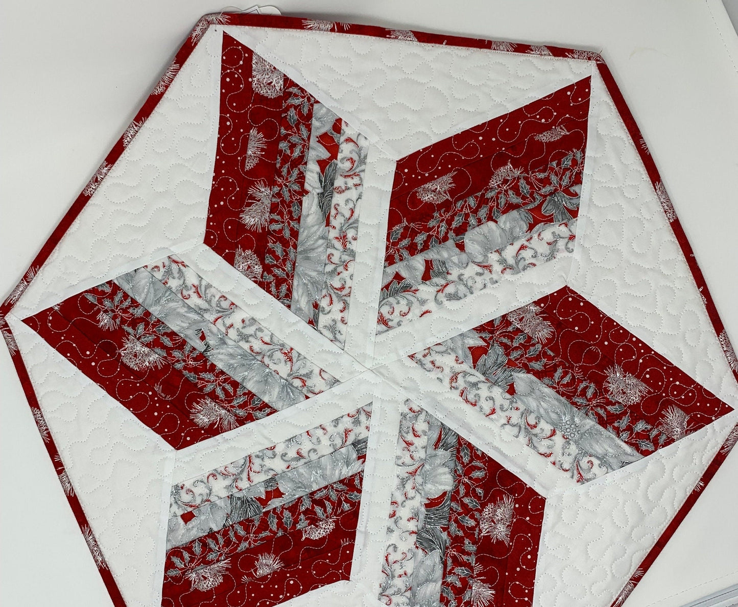 Christmas Star Table Runner Quilt, Hexagon Table Topper, Star Quilt, Red, White, Silver, Handmade