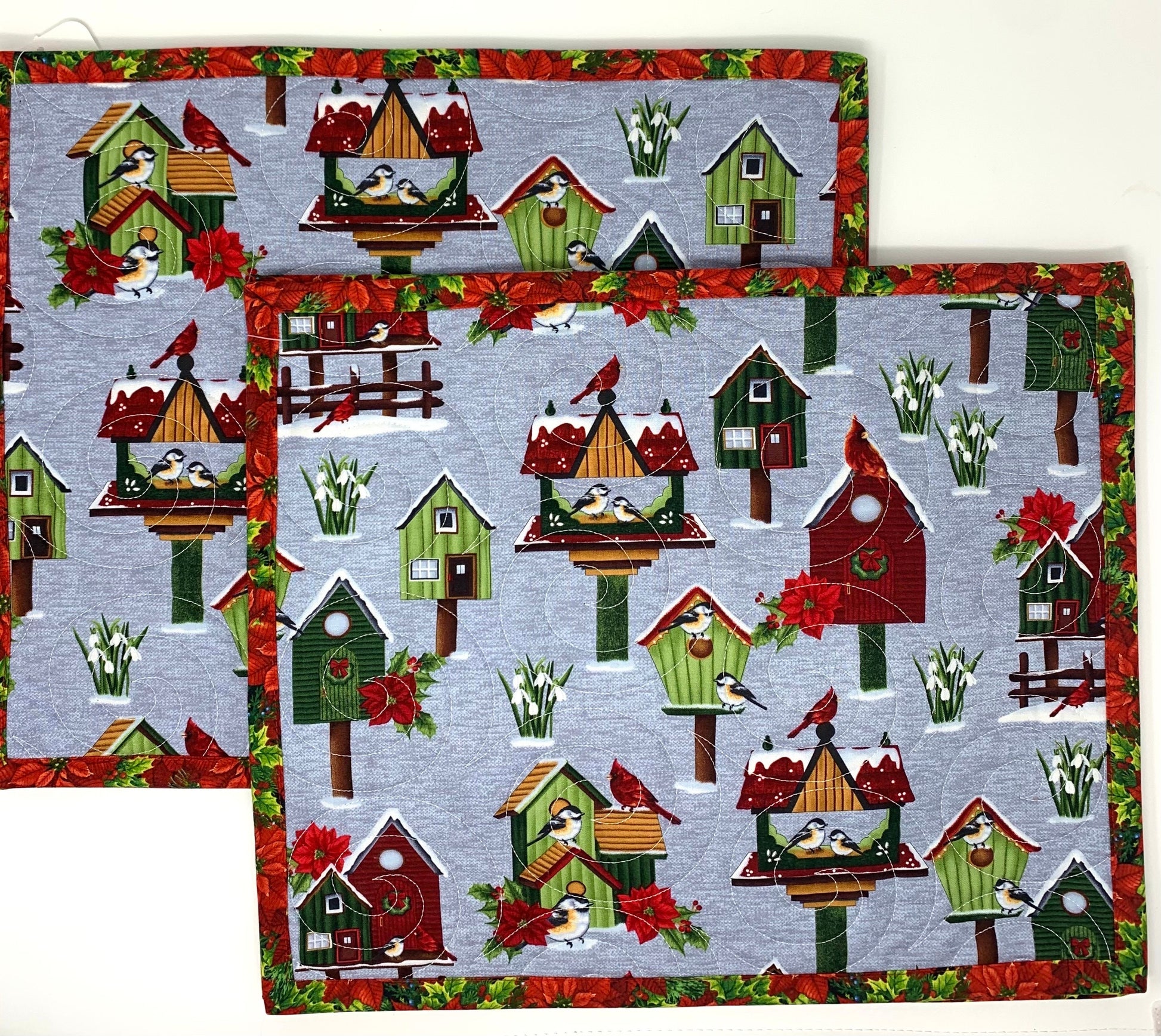 Christmas Placemats, Birds, Cardinals, Birdhouse, Poinsettia, Red, Green, Gray, Mini Quilts, Set of 2, Handmade