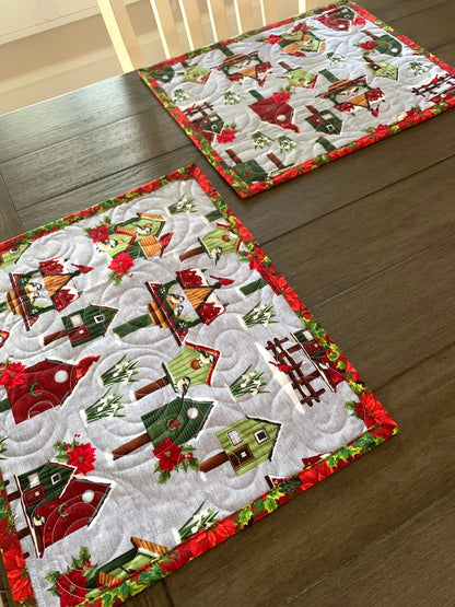 Christmas Placemats, Birds, Cardinals, Birdhouse, Poinsettia, Red, Green, Gray, Mini Quilts, Set of 2, Handmade