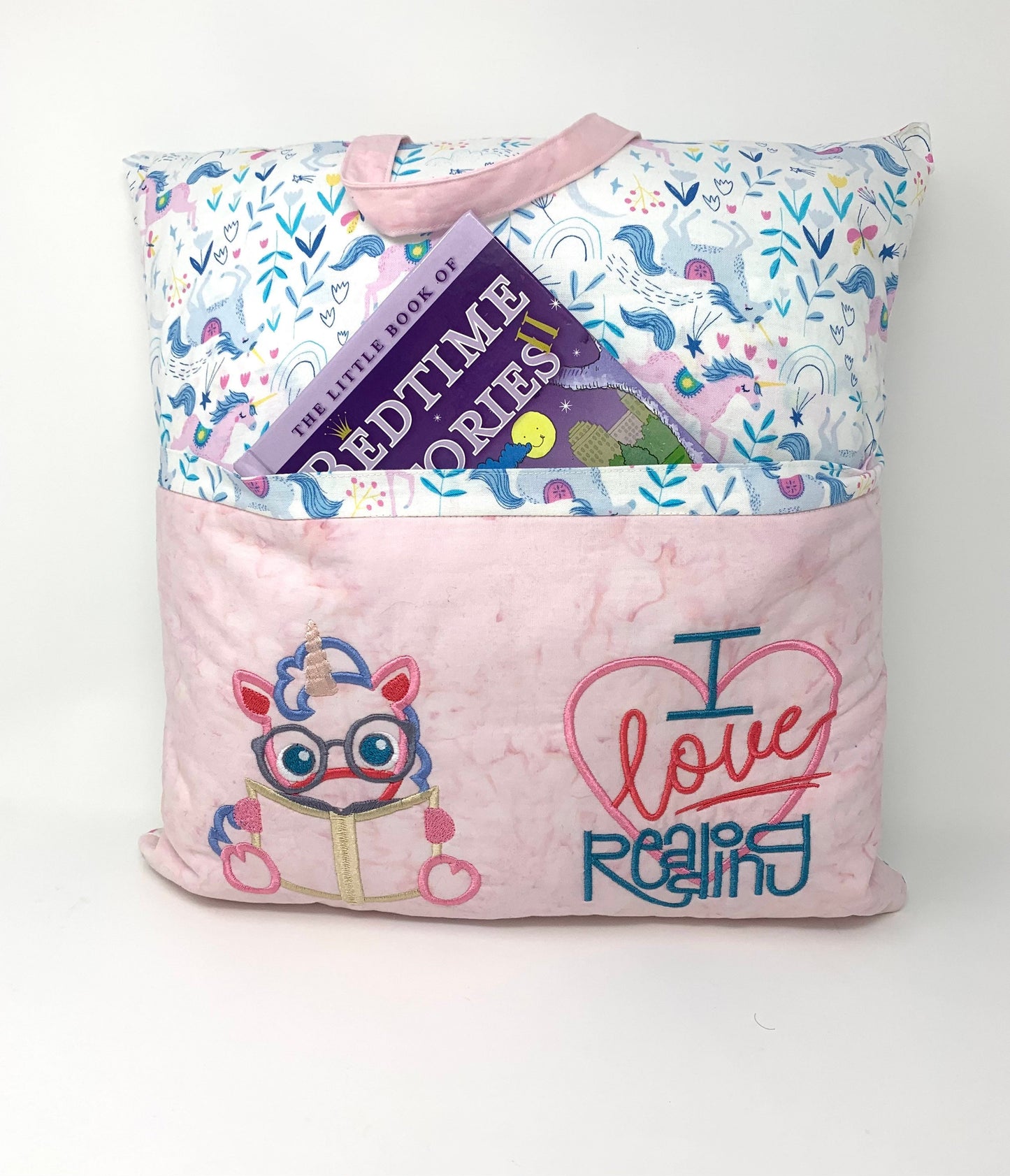 Unicorn Reading Pillow, Pocket Pillow, Child's Pillow, Girl's Pillow, Book Pillow, Unicorn, Story Time, Pink, Teal