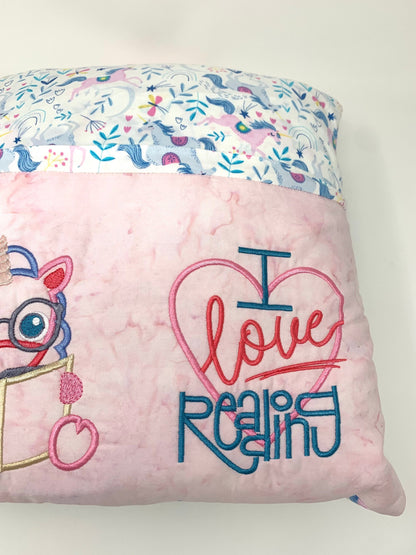 Unicorn Reading Pillow, Pocket Pillow, Child's Pillow, Girl's Pillow, Book Pillow, Unicorn, Story Time, Pink, Teal