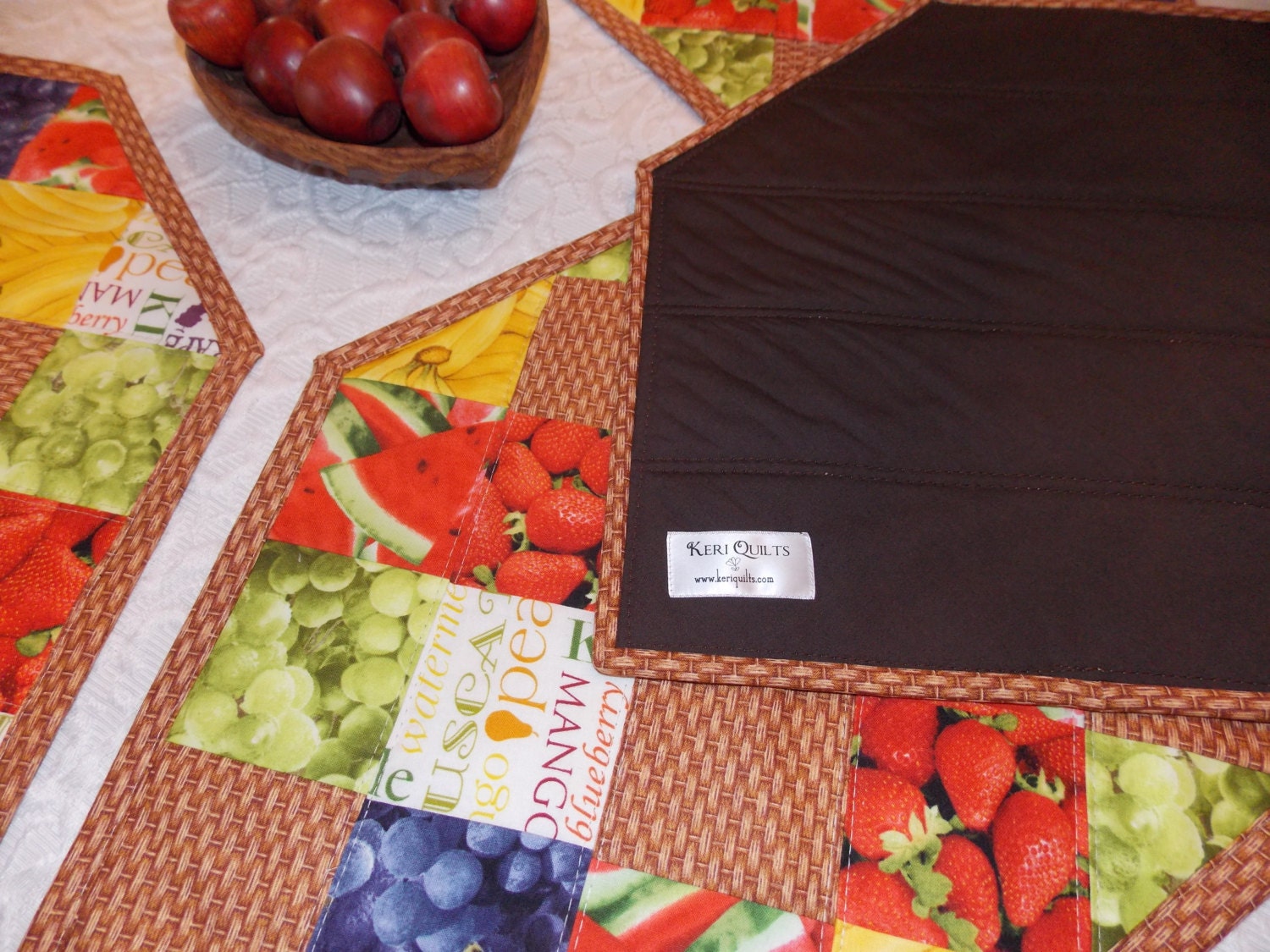 Placemats, Quilted, Set of 4, Red, Yellow, Blue, Tan, Brown, Basket, Banana, Watermelon, Grape, Strawberry, Fruit, Handmade