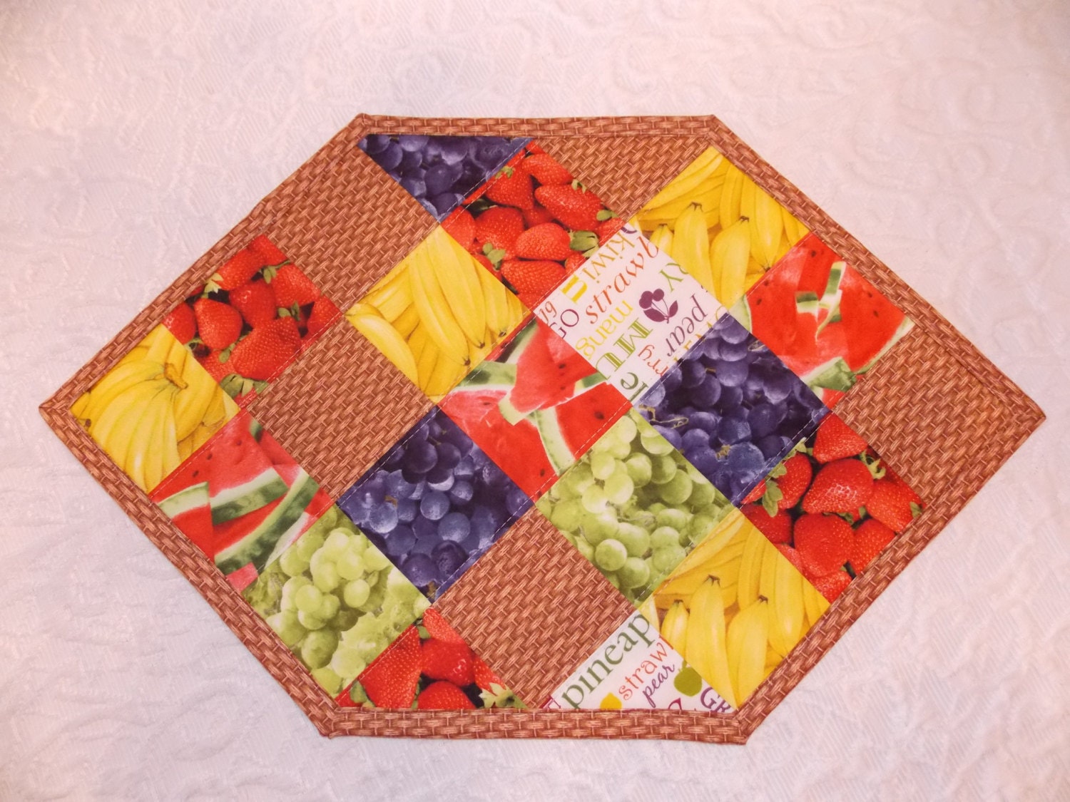 Placemats, Quilted, Set of 4, Red, Yellow, Blue, Tan, Brown, Basket, Banana, Watermelon, Grape, Strawberry, Fruit, Handmade