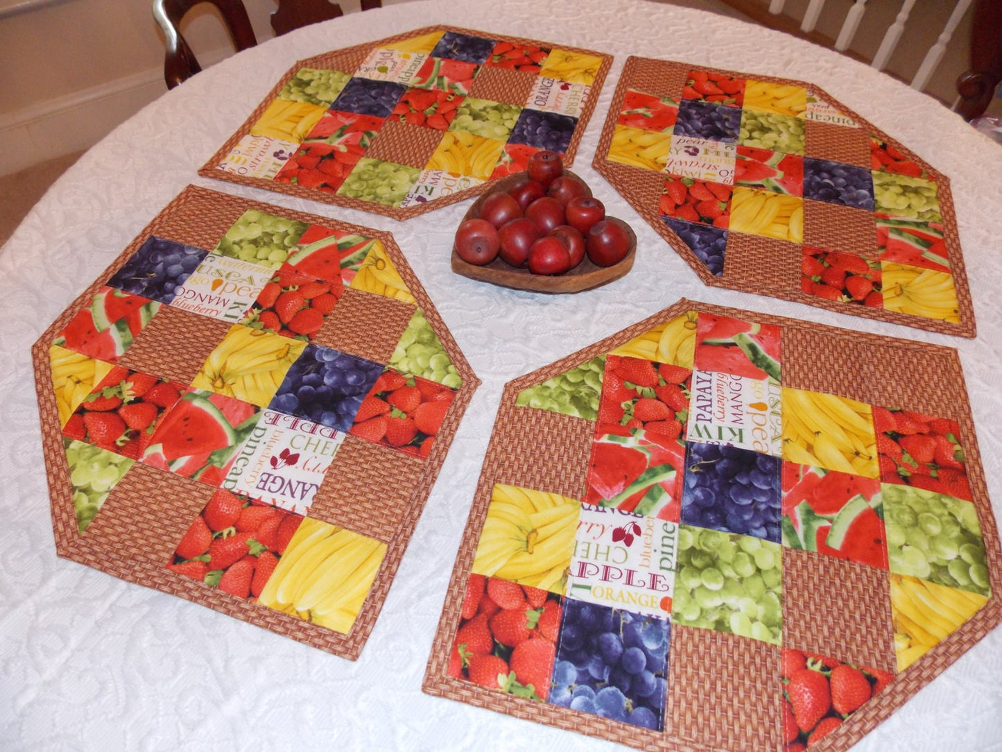 Placemats, Quilted, Set of 4, Red, Yellow, Blue, Tan, Brown, Basket, Banana, Watermelon, Grape, Strawberry, Fruit, Handmade