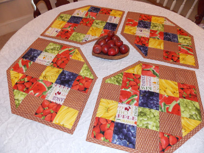 Placemats, Quilted, Set of 4, Red, Yellow, Blue, Tan, Brown, Basket, Banana, Watermelon, Grape, Strawberry, Fruit, Handmade