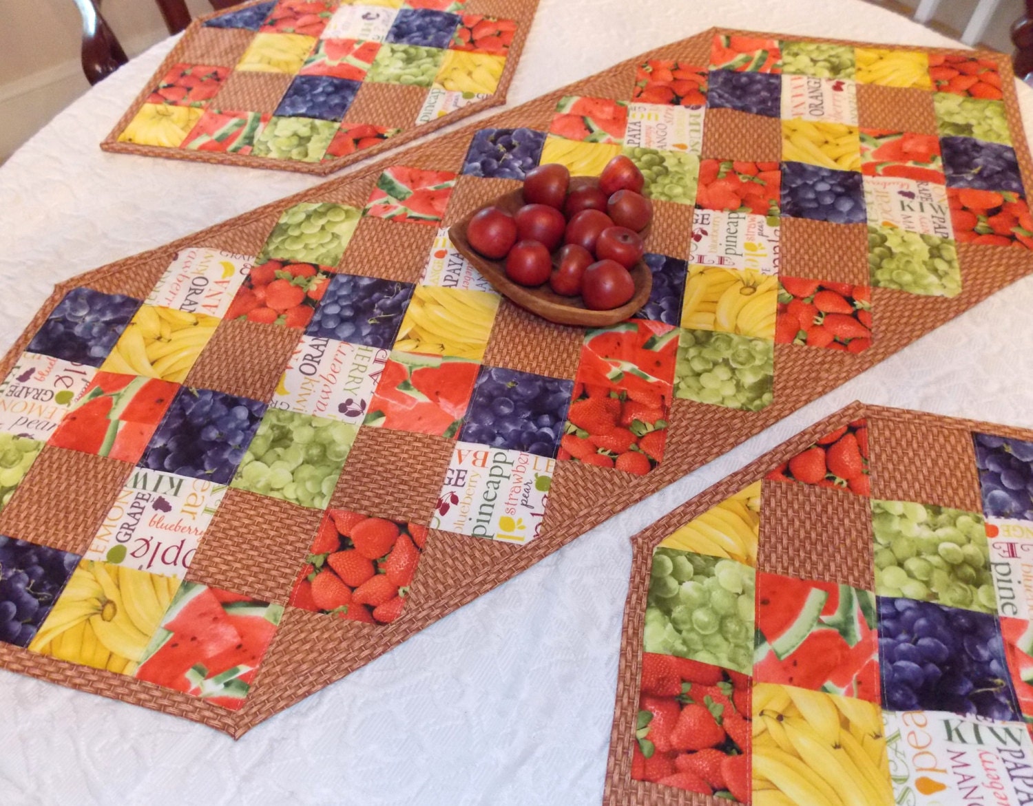 Placemats, Quilted, Set of 4, Red, Yellow, Blue, Tan, Brown, Basket, Banana, Watermelon, Grape, Strawberry, Fruit, Handmade