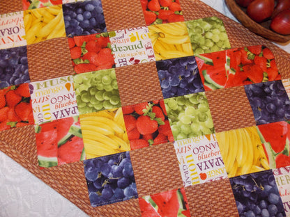 Table Runner Quilt, Table Topper Centerpiece, Fruit Quilt, Grape, Strawberry, Blueberry, Banana, Watermelon, brown, tan, red, green, yellow.