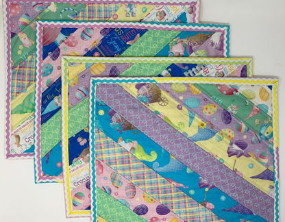 Easter Spring Placemats, Gnomes, Quilts, Set of 4, Easter Eggs, Blue, Yellow, Lavender, Purple