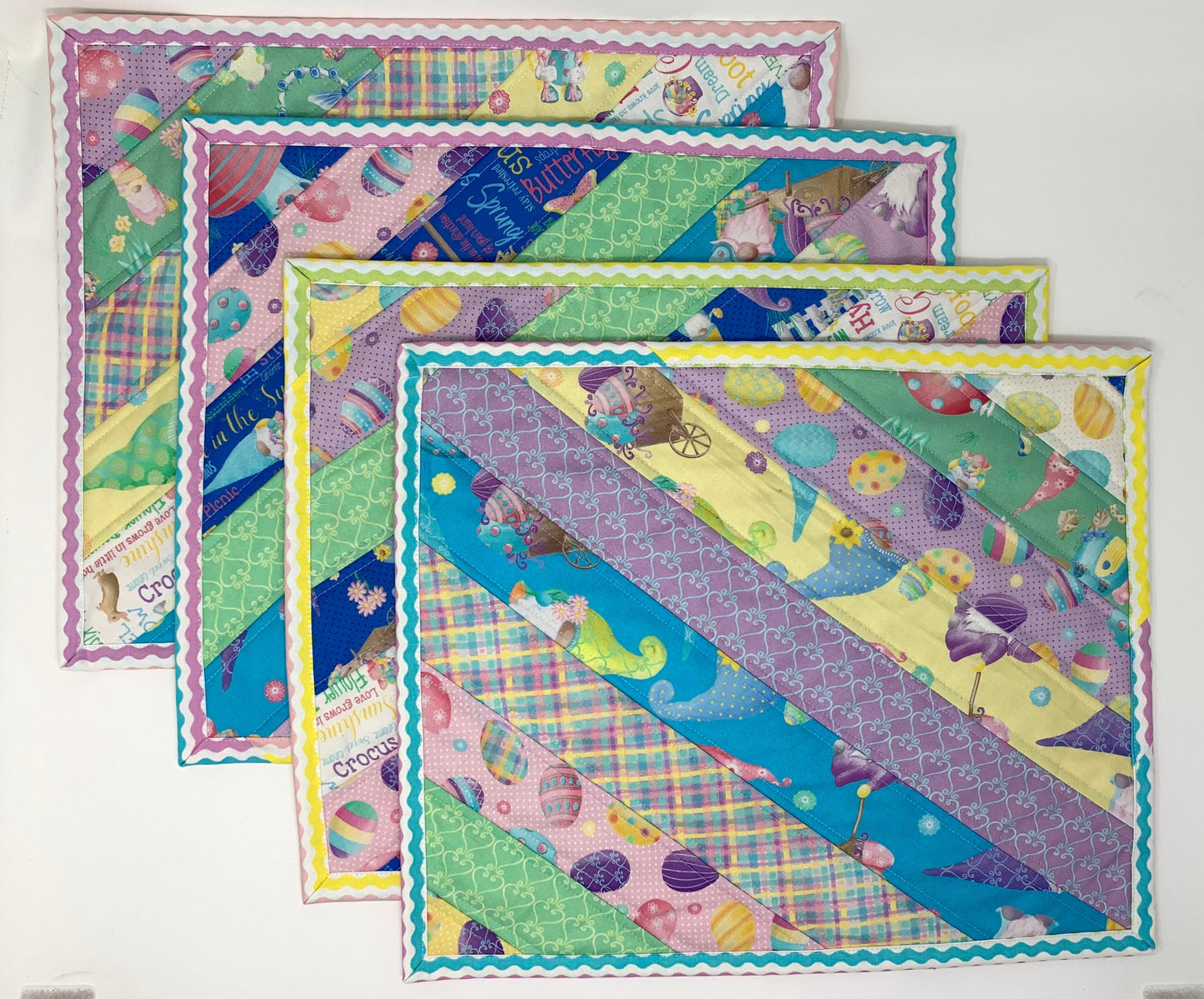 Easter Spring Placemats, Gnomes, Quilts, Set of 4, Easter Eggs, Blue, Yellow, Lavender, Purple