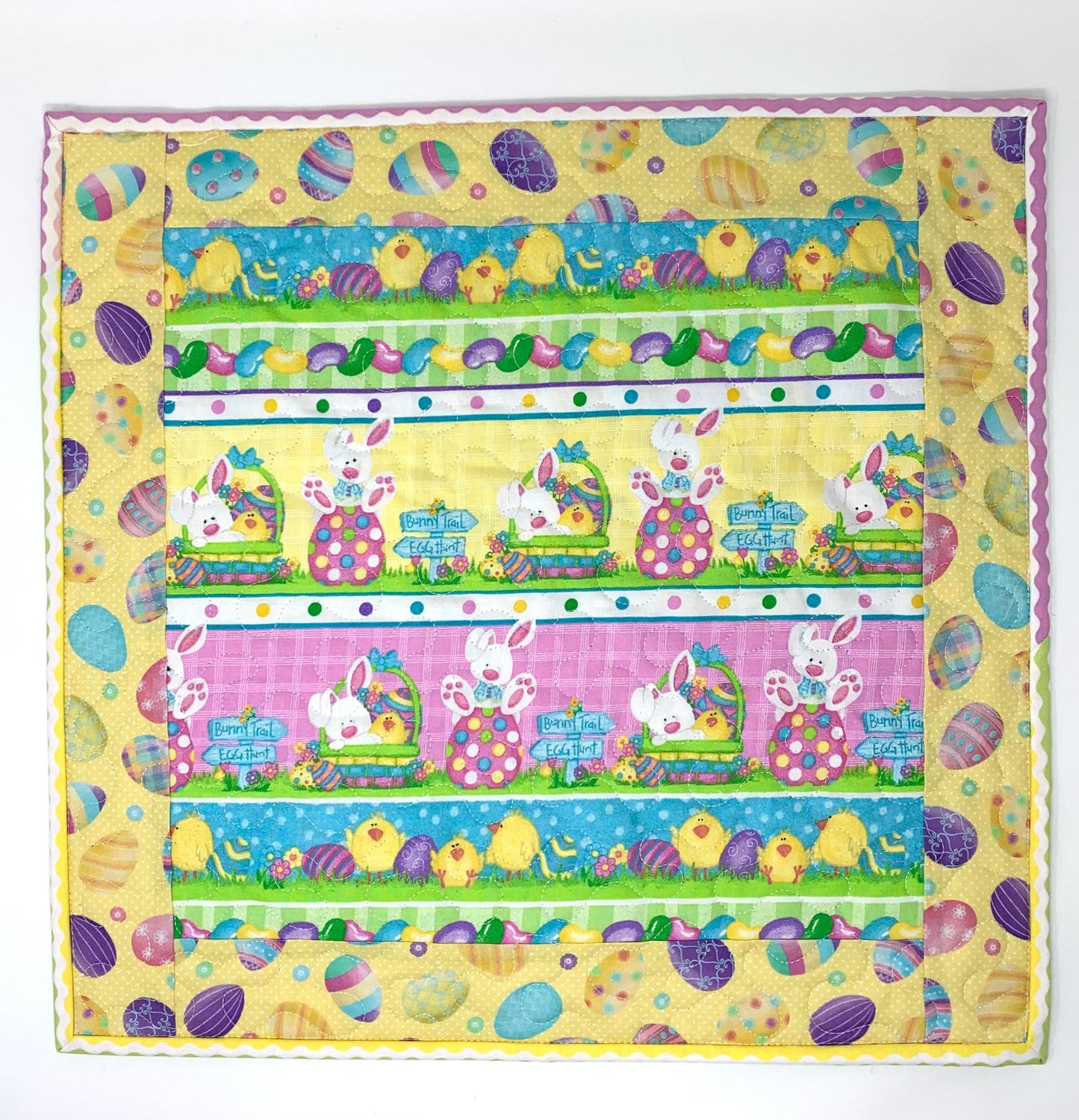 Easter Table Runner, Table Topper, Square Quilt, Purple, Yellow, Bunnies, Eggs, Jelly Beans, Spring, Handmade Table Runner Quilt