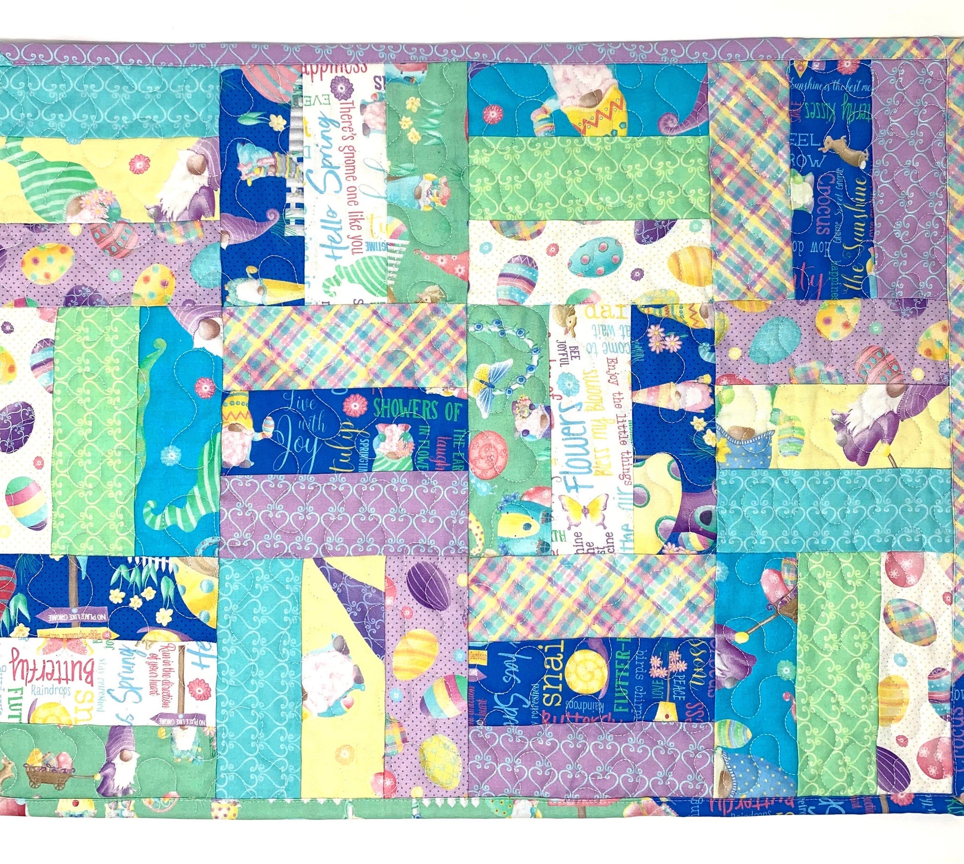 Easter Table Runner, Table Topper, Rectangular Quilt, Purple, Yellow, Gnomes, Eggs, Spring, Handmade Table Runner Quilt