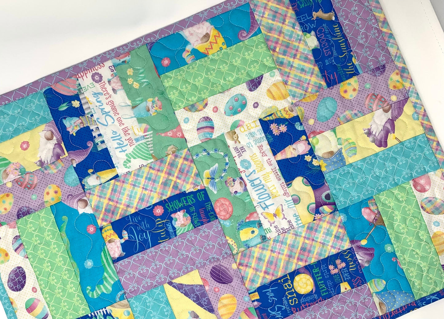 Easter Table Runner, Table Topper, Rectangular Quilt, Purple, Yellow, Gnomes, Eggs, Spring, Handmade Table Runner Quilt