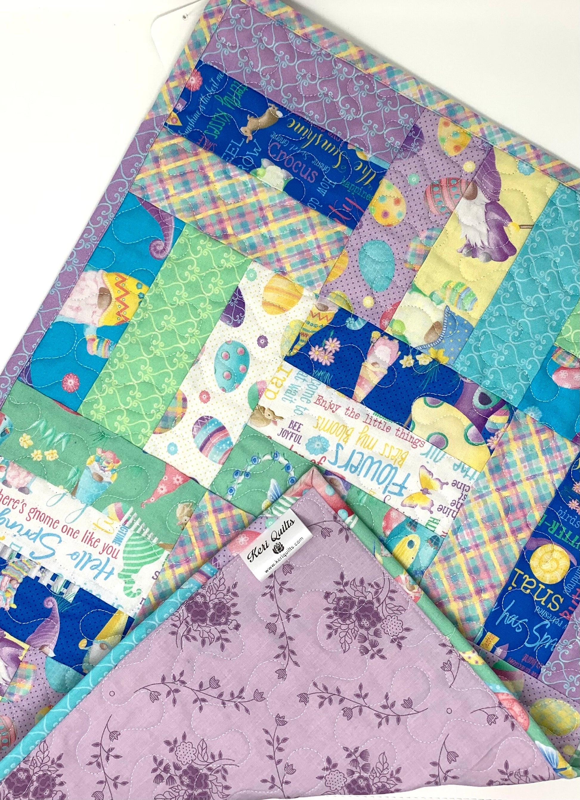 Easter Table Runner, Table Topper, Rectangular Quilt, Purple, Yellow, Gnomes, Eggs, Spring, Handmade Table Runner Quilt