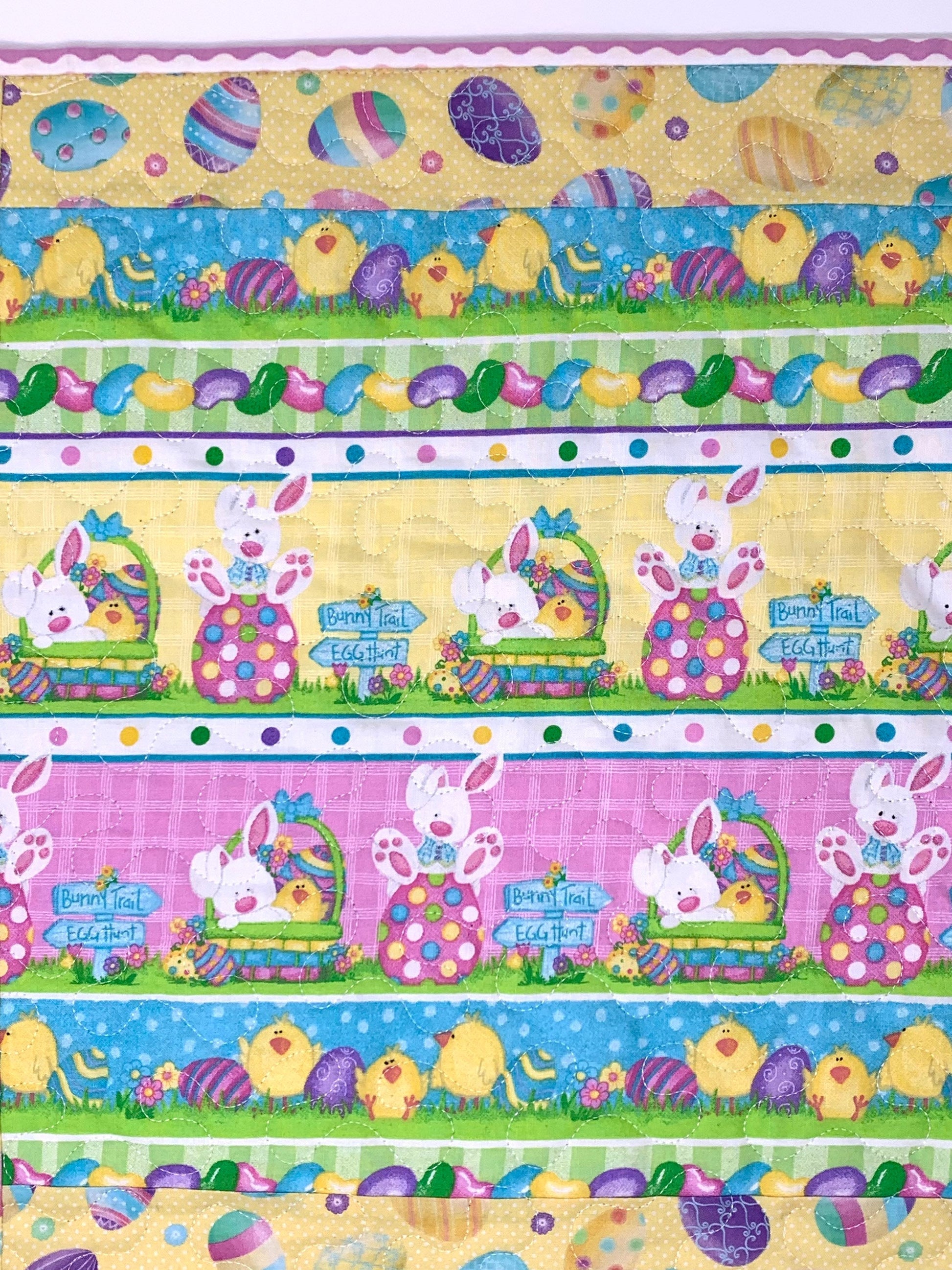 Easter Table Runner, Table Topper, Square Quilt, Purple, Yellow, Bunnies, Eggs, Jelly Beans, Spring, Handmade Table Runner Quilt