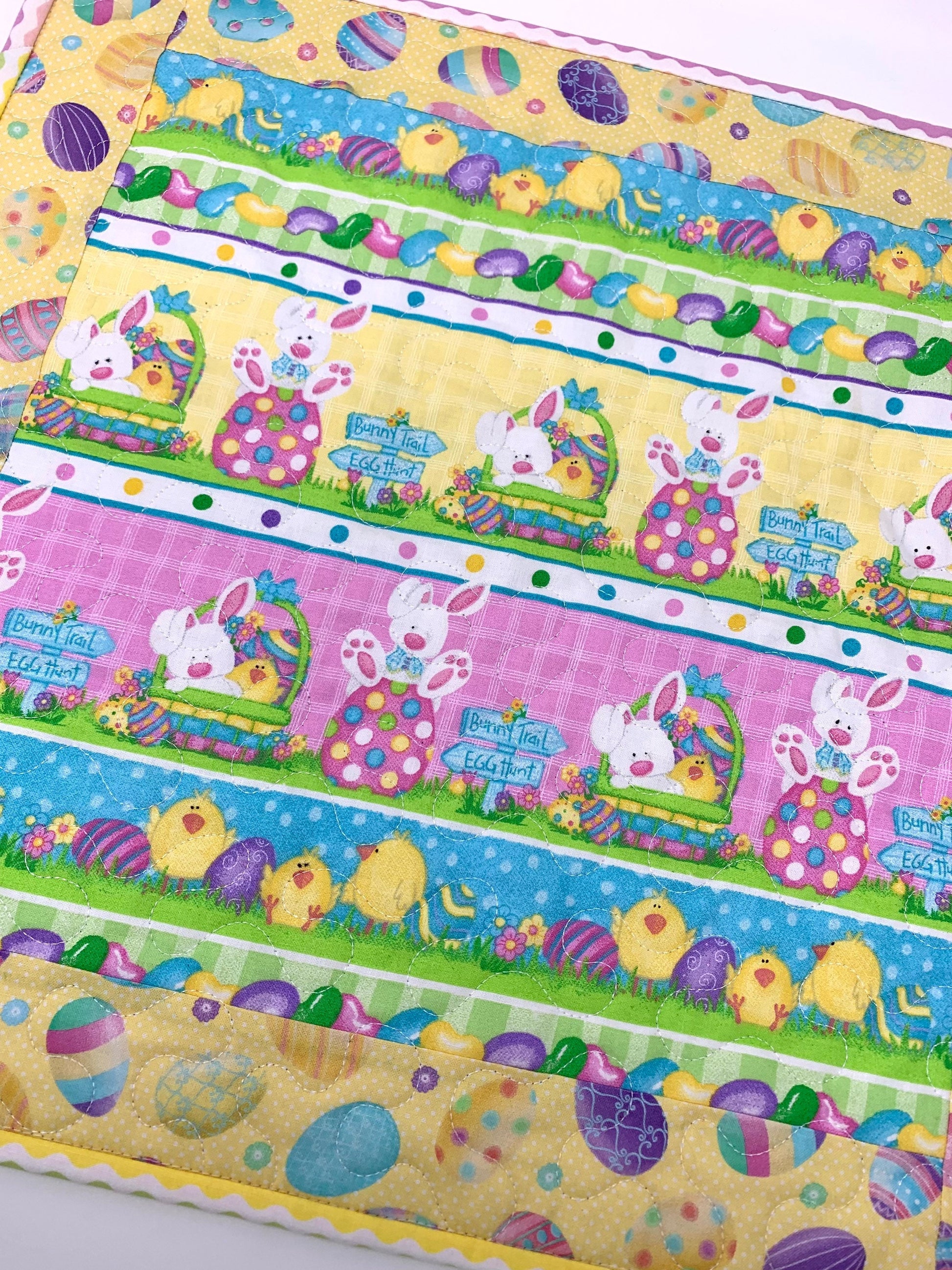 Easter Table Runner, Table Topper, Square Quilt, Purple, Yellow, Bunnies, Eggs, Jelly Beans, Spring, Handmade Table Runner Quilt