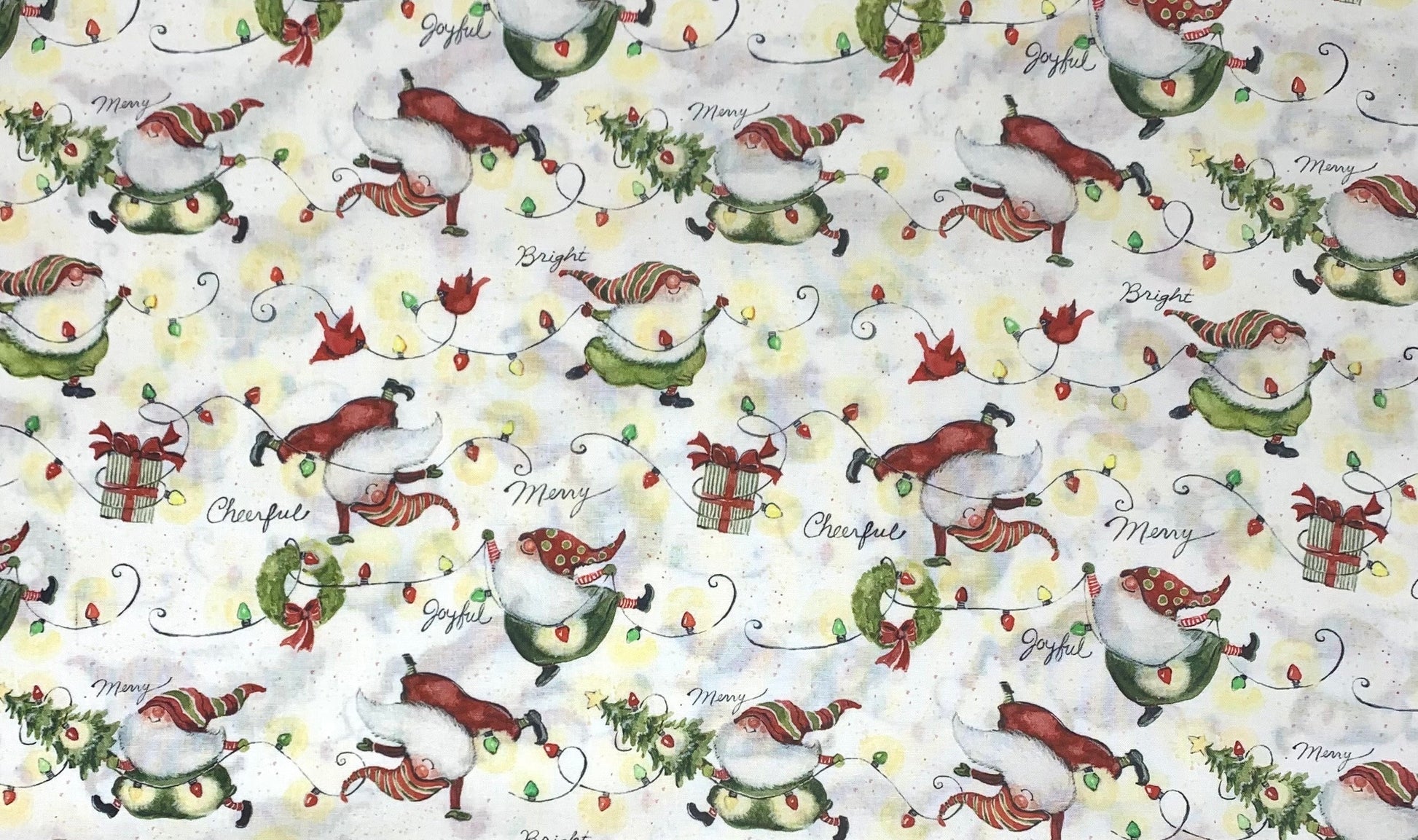 Gnomes Christmas Fabric, Gnomes and Lights, Green, Red, Christmas Yardage