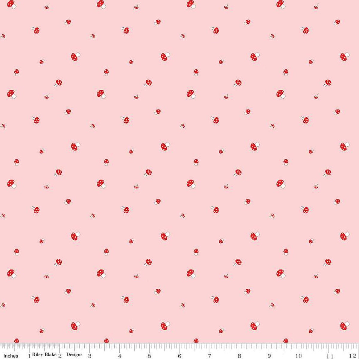 Mushrooms Christmas Pink Red Yardage, Pixie Noel 2, Mushrooms, Riley Blake, Fabric Yardage