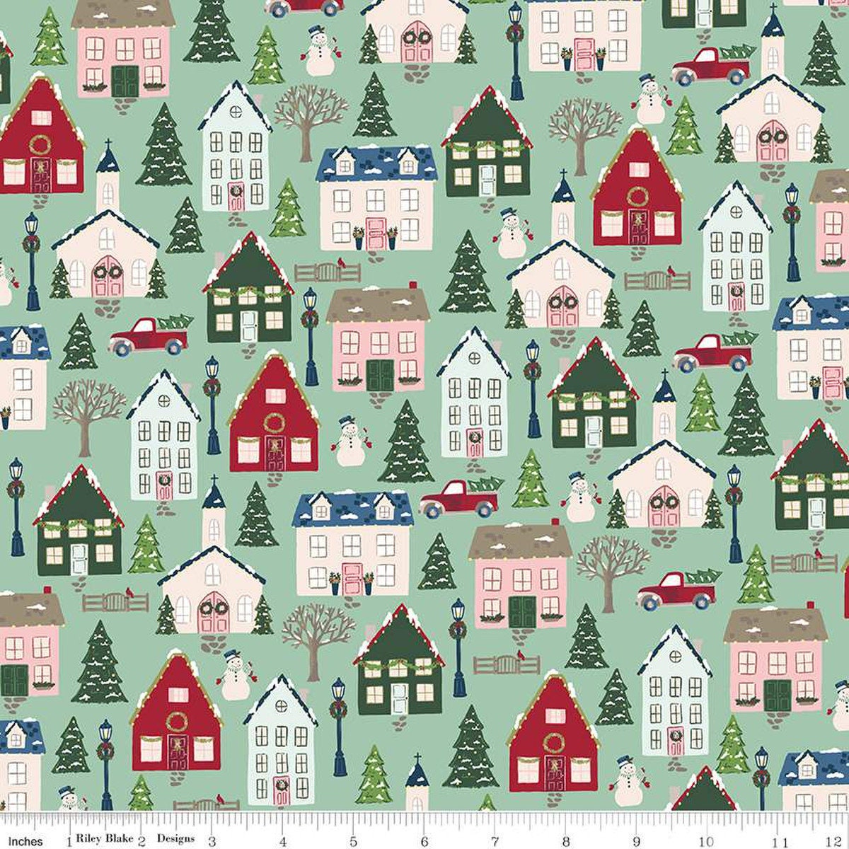 Christmas Village Yardage, Main Seaglass Green, Houses, Riley Blake, Katherine Lenius, Fabric Yardage