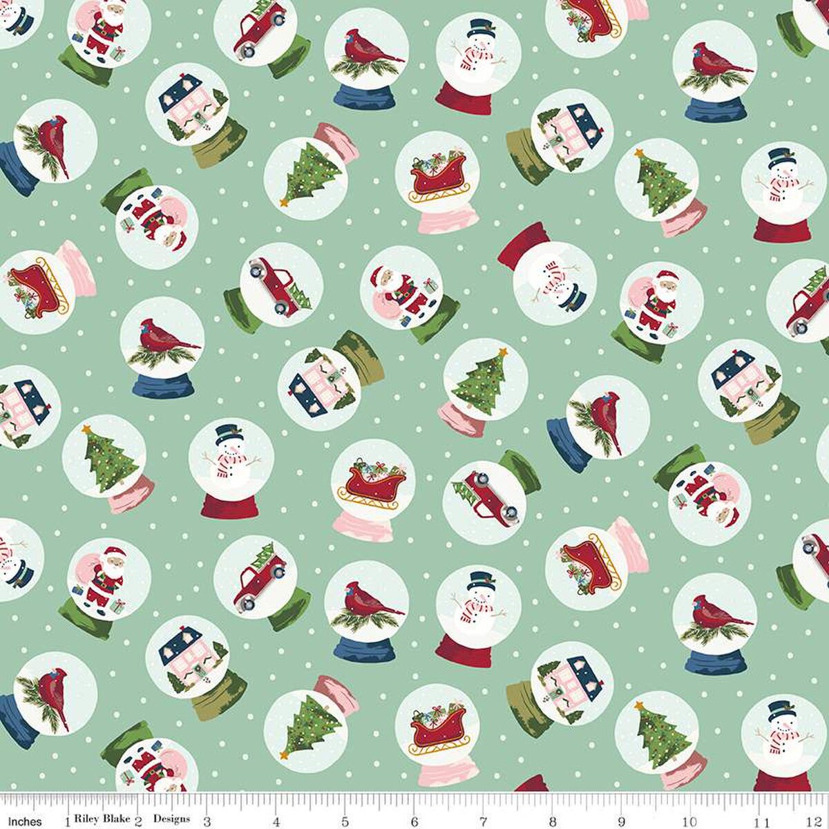 Snowglobes Christmas Yardage, Seaglass Green, Christmas Village Houses, Riley Blake, Katherine Lenius, Fabric Yardage