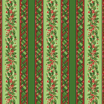 Green Christmas Stripe Yardage, Evergreen Bows, Metallic Holly, Maywood Studio, Fabric Yardage