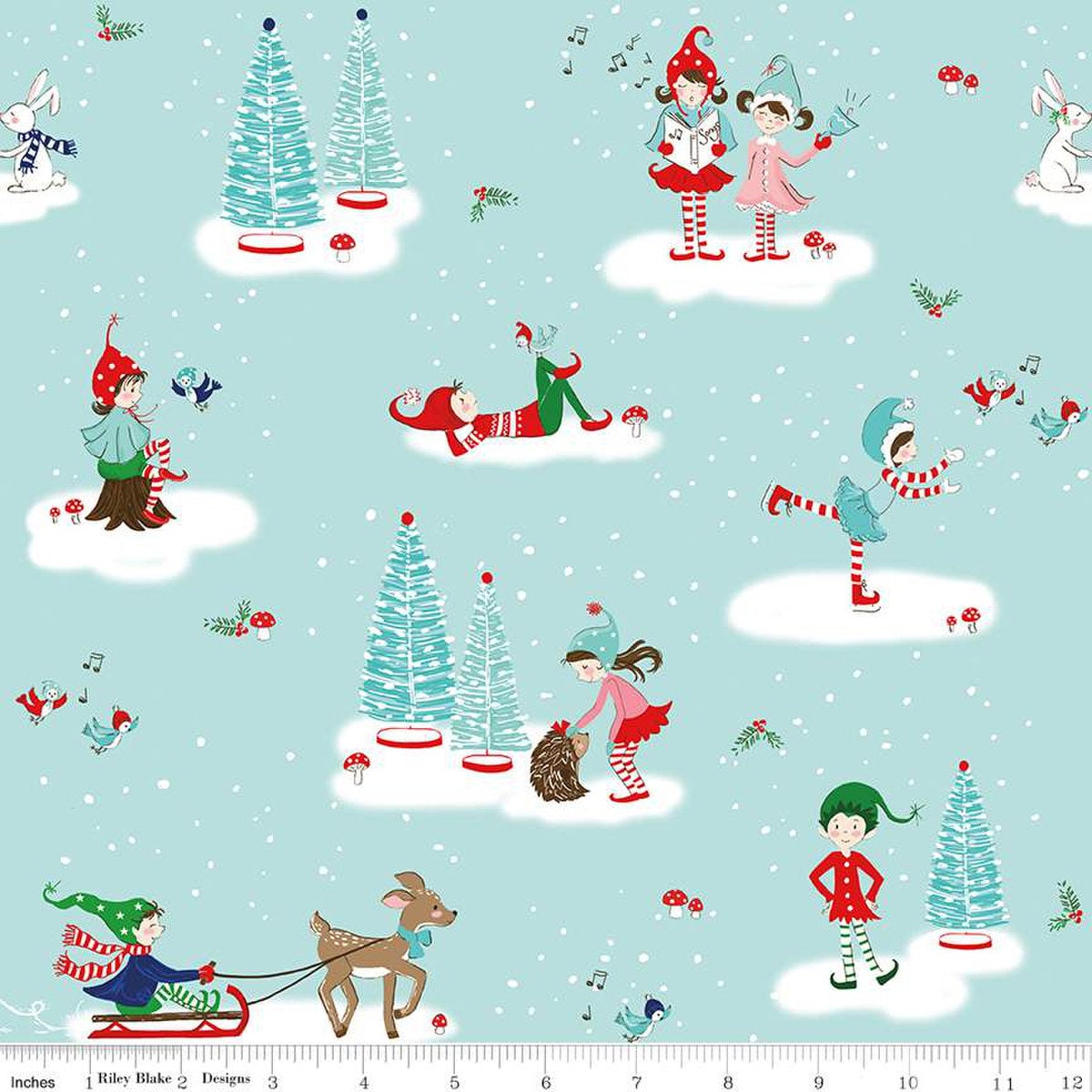 Christmas Blue Yardage, Pixie Noel 2, Elves, Riley Blake, Fabric Yardage