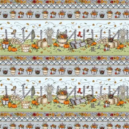 Fall Autumn Stripe Yardage, Blue Sweater Weather, Pumpkins, Corn Husks, Maywood Studio, Fabric Yardage