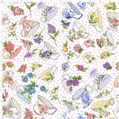 Tea Cups Toss, Flowers, Pink, Blue, Loralie Desisgns, Yardage, 692521