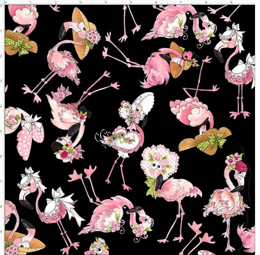 Tossed Flamingoes, Pink Flowers, Black Background, Loralie Desisgns, Yardage, 692329