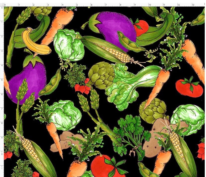 Vegetables, Veggie Jungle, Black Background, Loralie Designs, Yardage, 692623