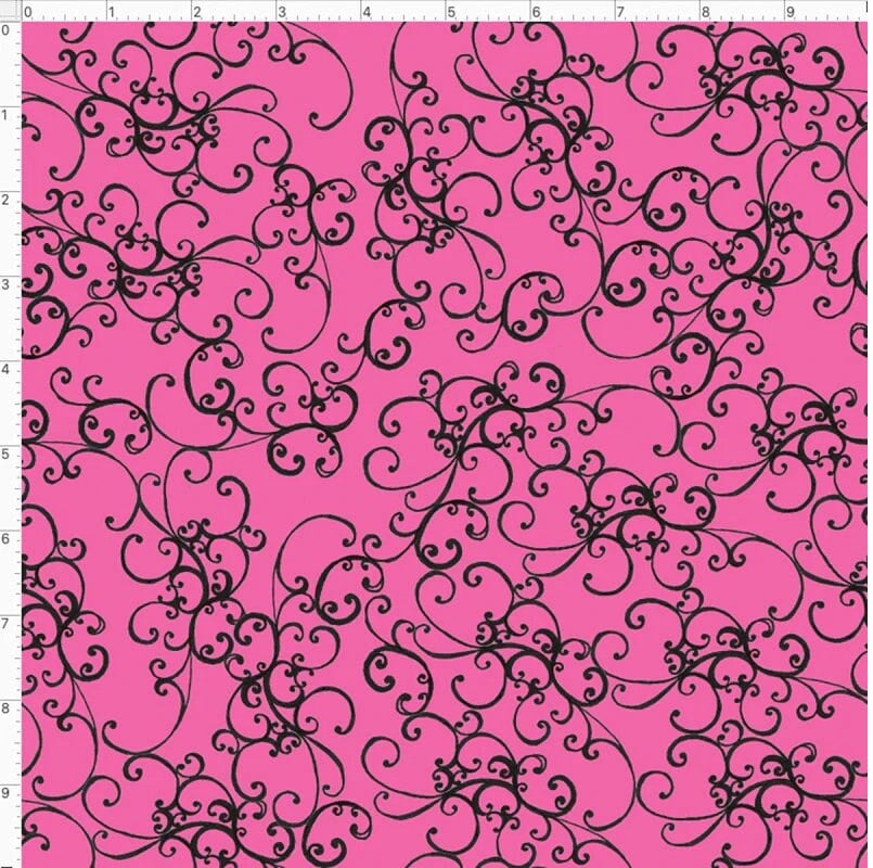 Pink Black Scroll, Loralie Desisgns, Elegant Scroll in Pink Cotton Fabric, Yardage, 692484